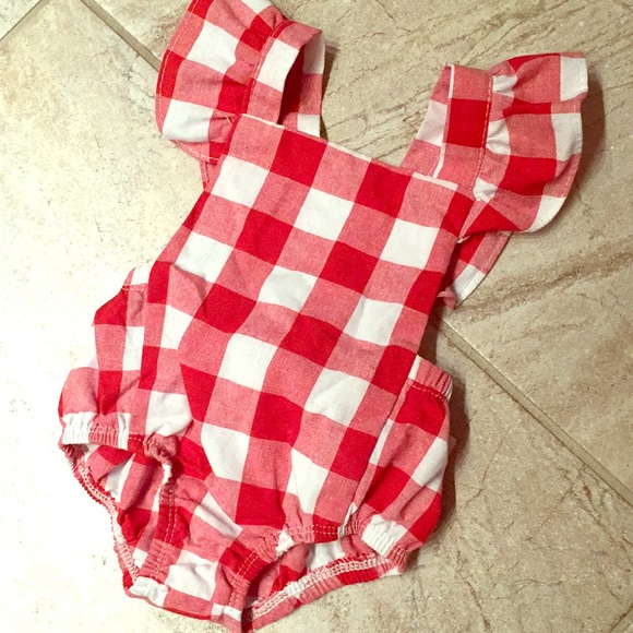 red gingham baby romper